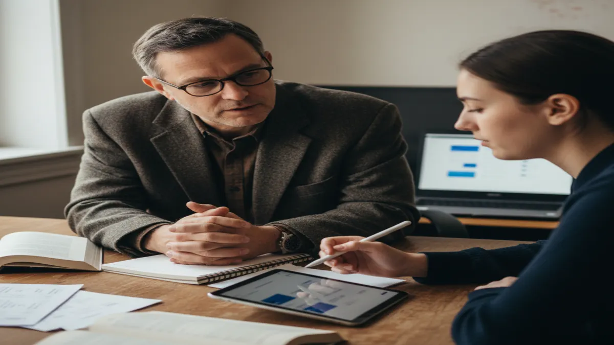 Instructor and student reviewing revision evidence during a Turnitin false positive discussion.