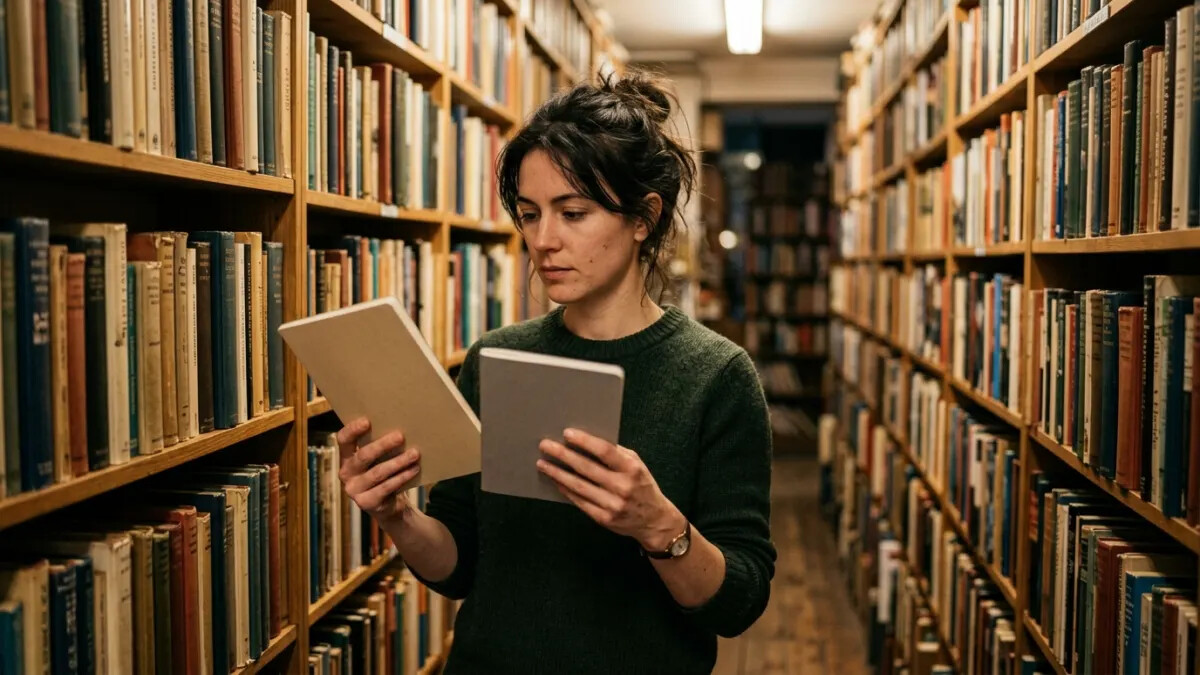 Writer exploring AI writing tool ideas in an independent bookstore aisle