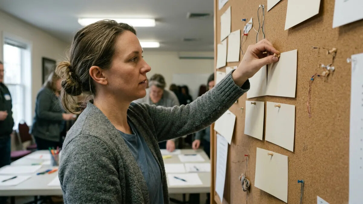 Workshop participant arranging AI writing tool idea cards on a pinboard