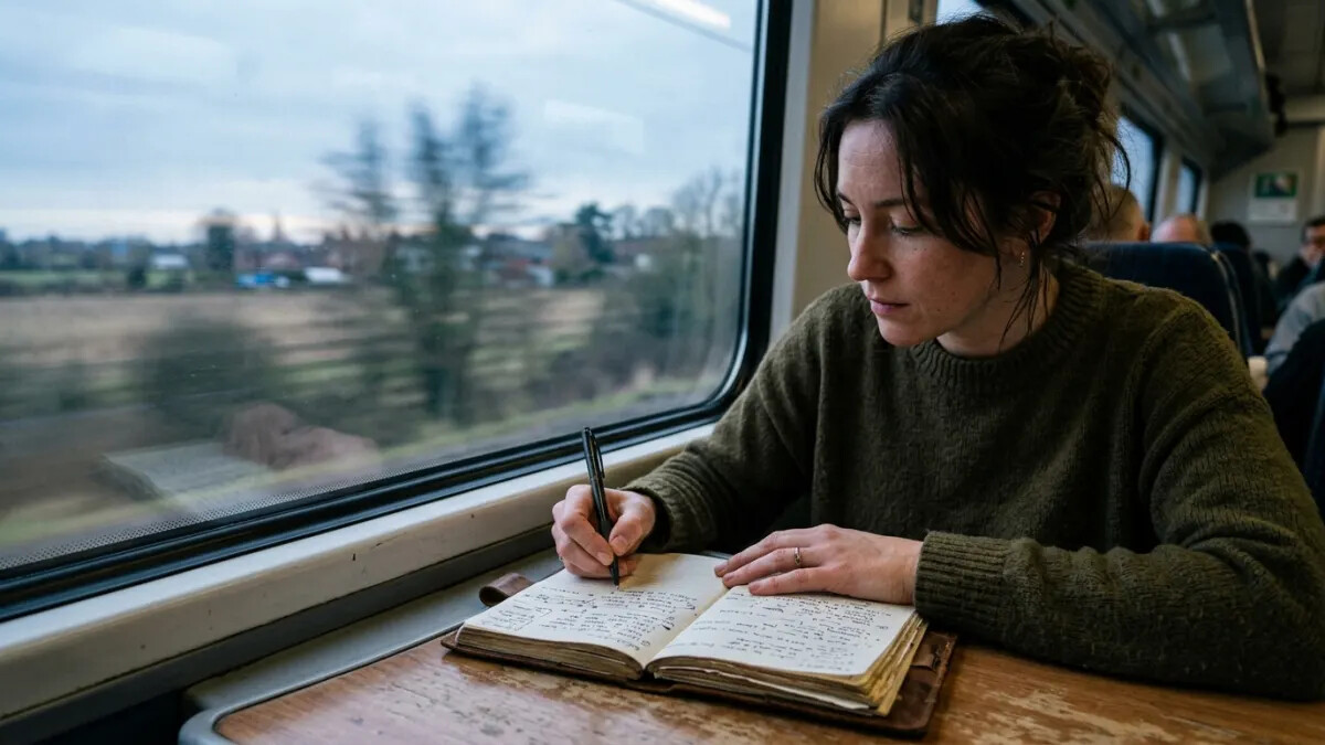 Commuter testing Wordtune alternative ideas in a journal beside train window