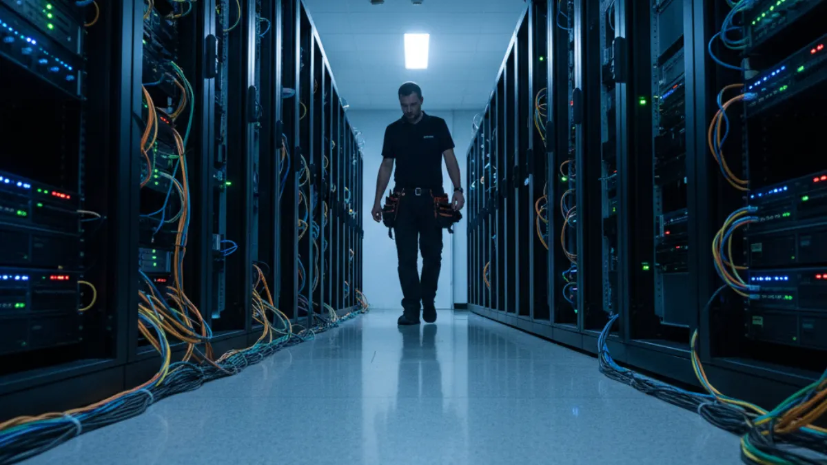 xml sitemap validator technical maintenance scene with a technician walking through a server room hallway.