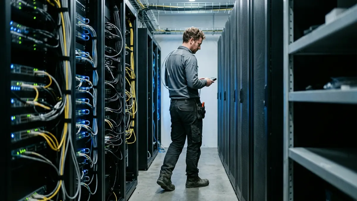 xml sitemap validator technical maintenance scene with a technician walking through a server room hallway.