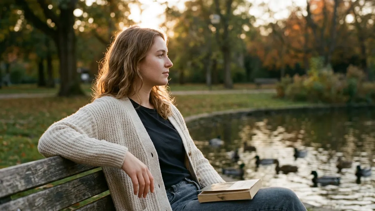 Woman sitting on a park bench watching ducks at golden hour, representing ai content detection understanding