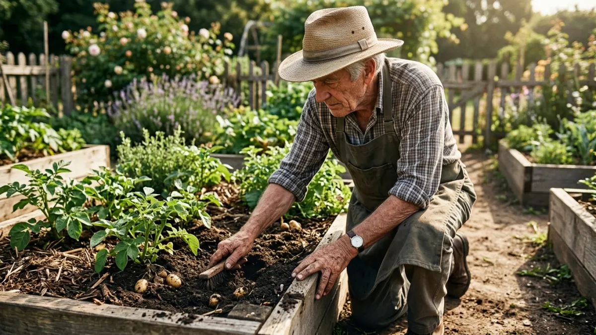 Elderly gardener brushing soil from plants, a quiet scene suggesting thorough ai content detection review