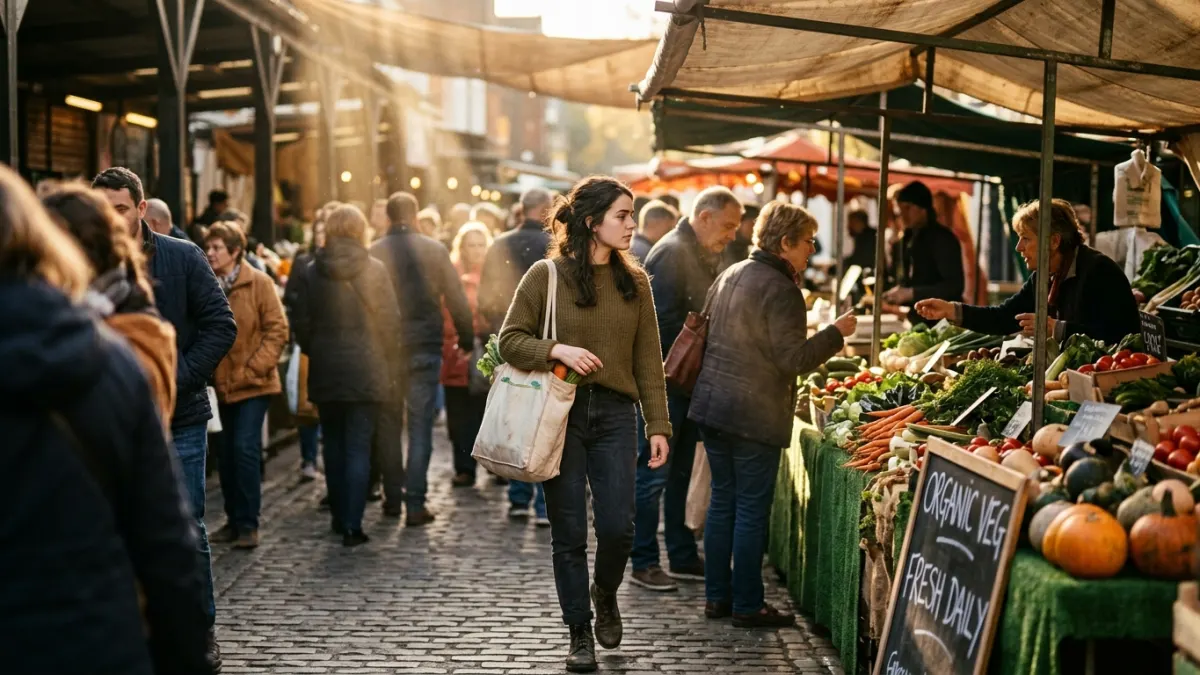 Crowded outdoor market scene illustrating ai content detection challenges around real and synthetic visuals