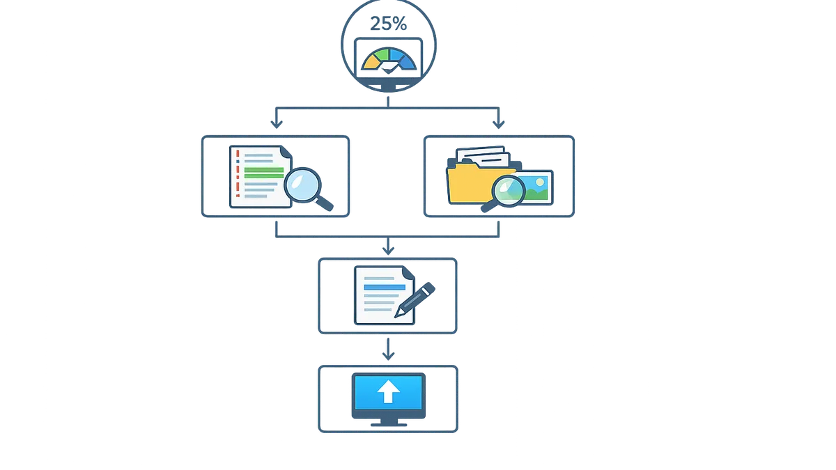 Flowchart illustration showing the decision path for handling a 25% AI detection score from review to rewrite to resubmit