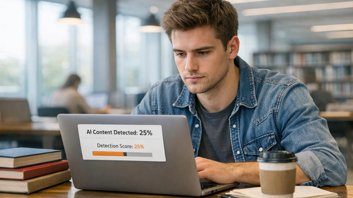 University student looking at a laptop screen showing a 25% AI detection score on a modern academic desk with books and notebook