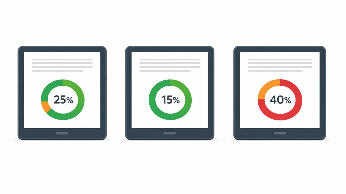 Side-by-side comparison illustration showing how different AI detection tools score the same text passage differently at 25, 15, and 40 percent