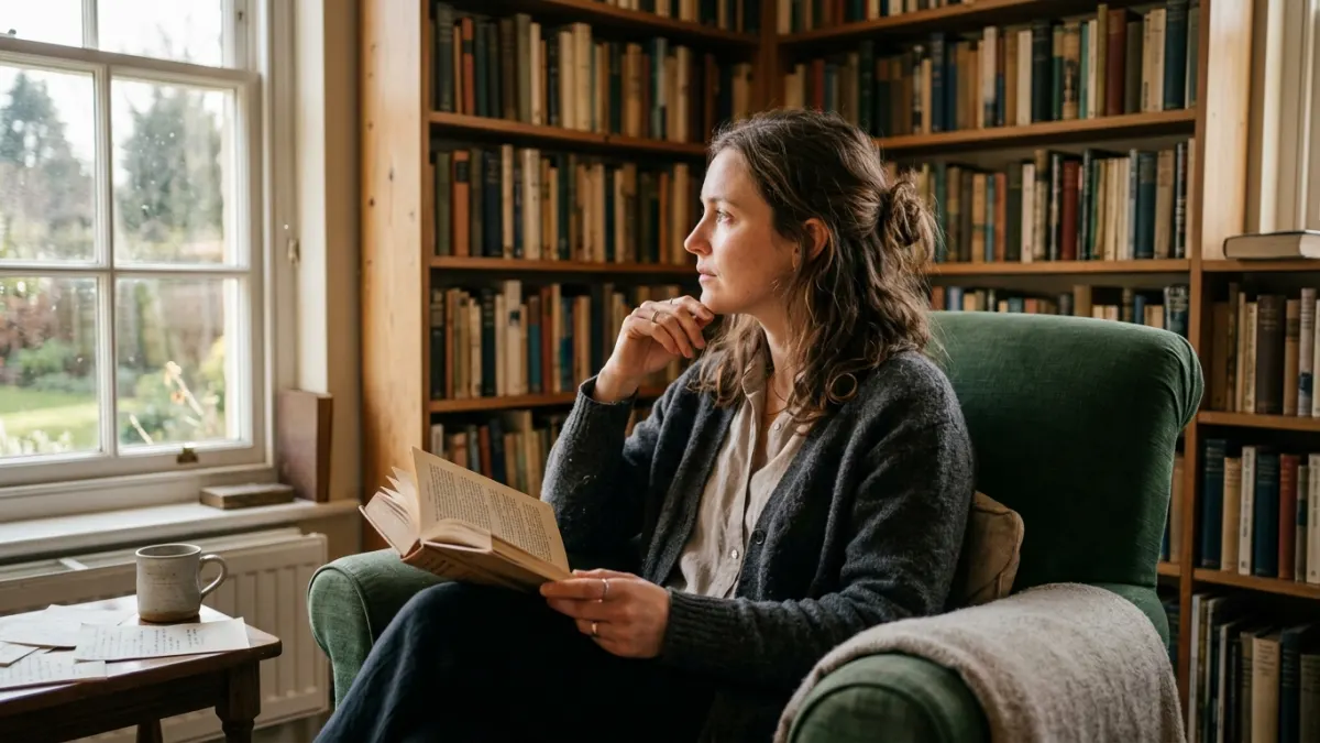 Writer reads in a library armchair while considering ai paraphrasing techniques and workflow.