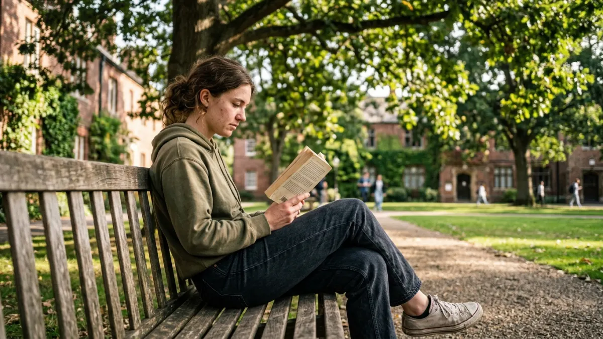 Student reads on a campus bench while researching ai paraphrasing techniques and workflow.