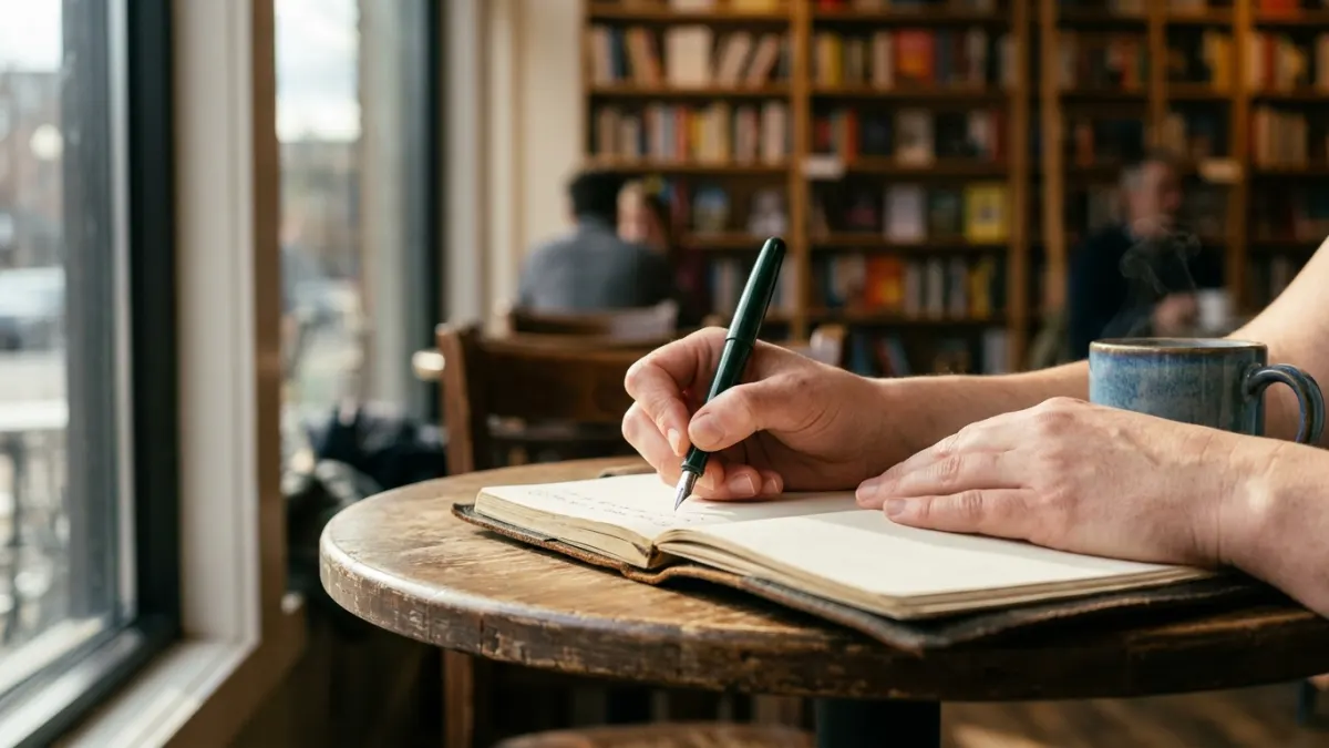 Writer uses a fountain pen in a cafe journal to refine ai paraphrasing techniques and workflow.