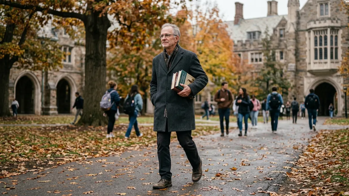A professor walks across a university quad, reflecting on how the best AI detectors compared affect submissions.