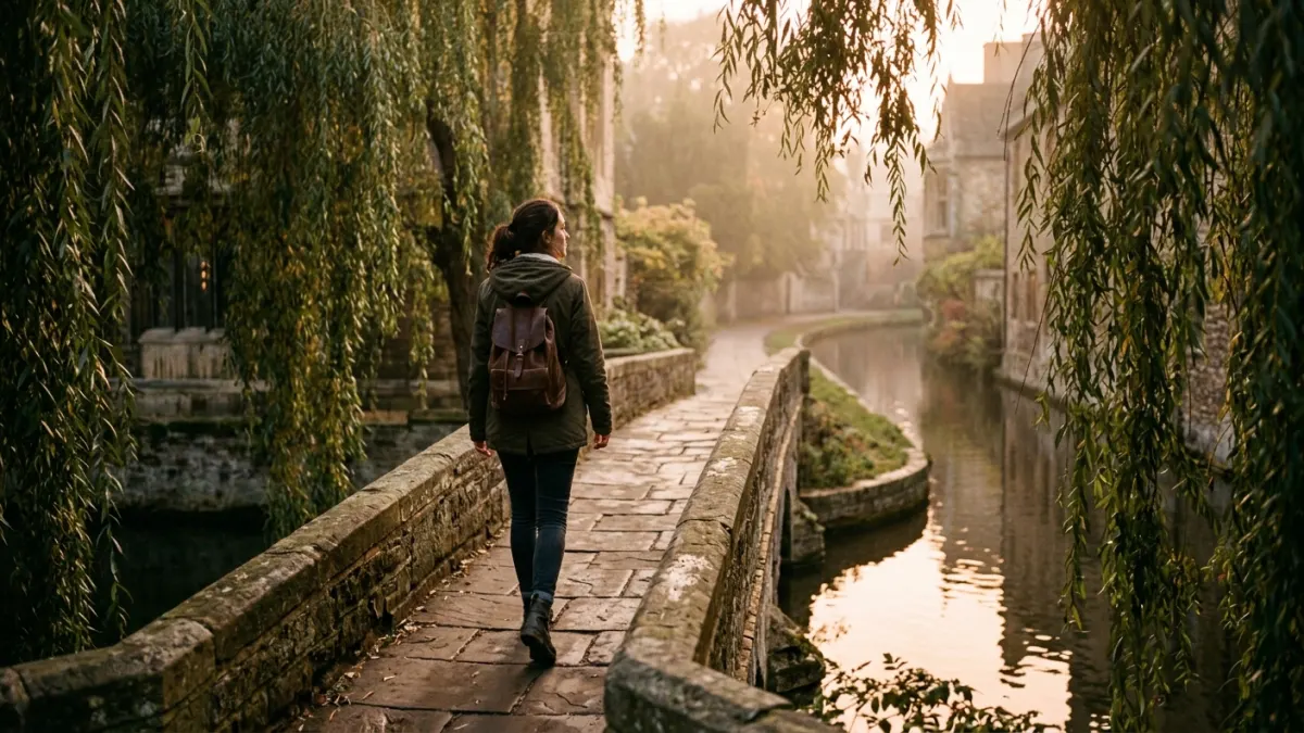 Student crosses a misty stone footbridge over a calm canal, weighing the best AI detectors compared between classes.