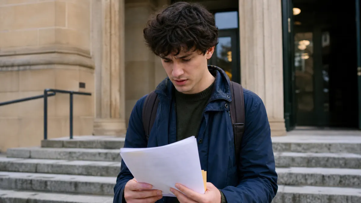 Young student near library entrance holding an essay with worried expression about false ai detection flags