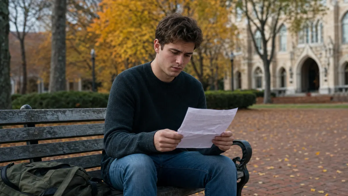 University student sitting on a campus bench holding a printed essay with a worried expression