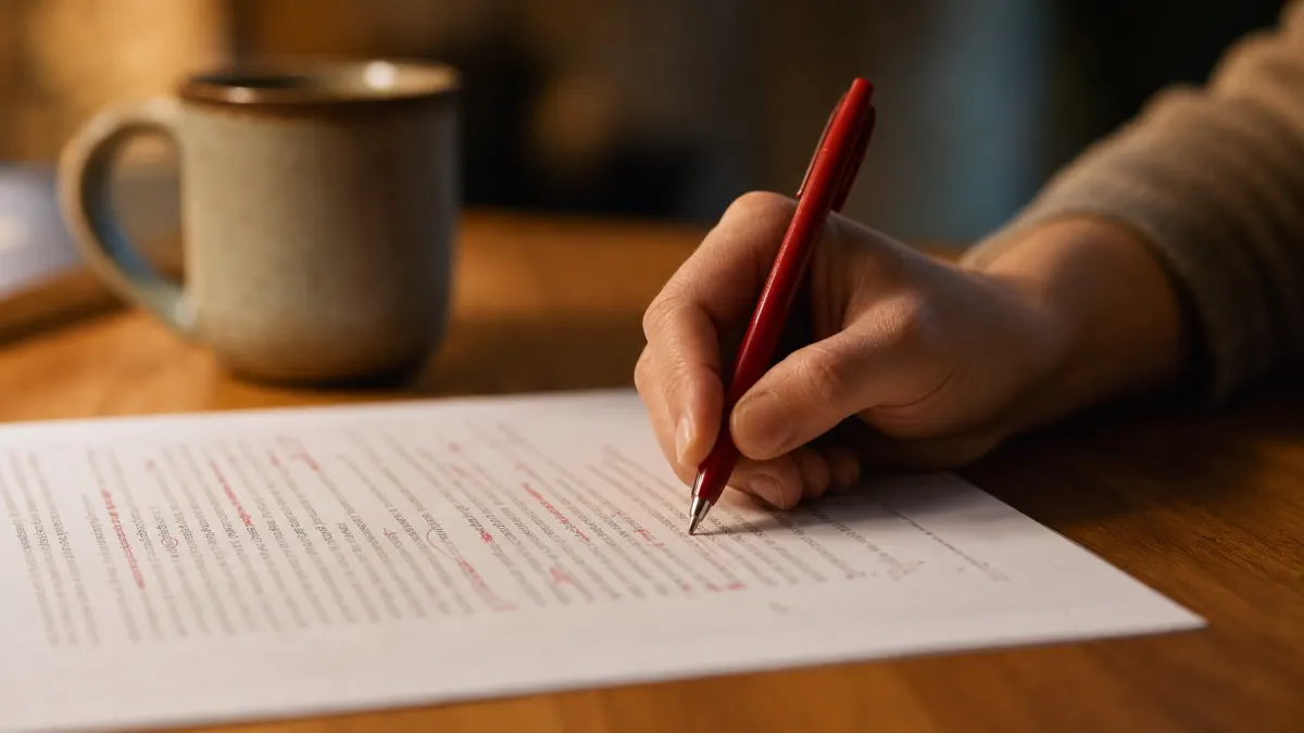Hand marking corrections on a printed document at a desk - showing the hands-on process of reviewing written work