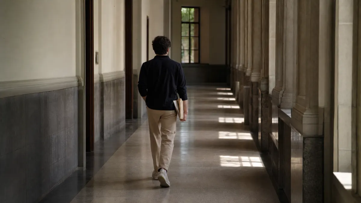 Person walking through a bright corridor - representing the context of AI detection questions in academic settings