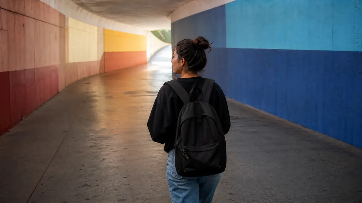 Student walks through painted underpass to frame color palette from image choices.