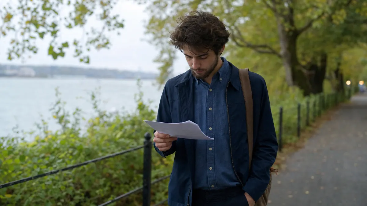 Student checks a printed draft by the riverside during a DecreaseAI review.