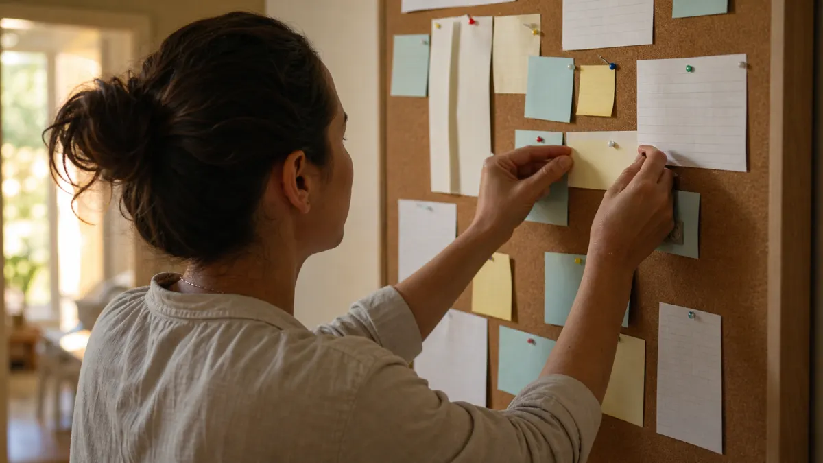 Writer organizes unreadable notes on a cork board for a DecreaseAI review workflow.