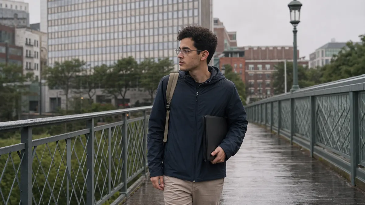 Student crosses a wet footbridge asking is Turnitin AI detector accurate enough for review.