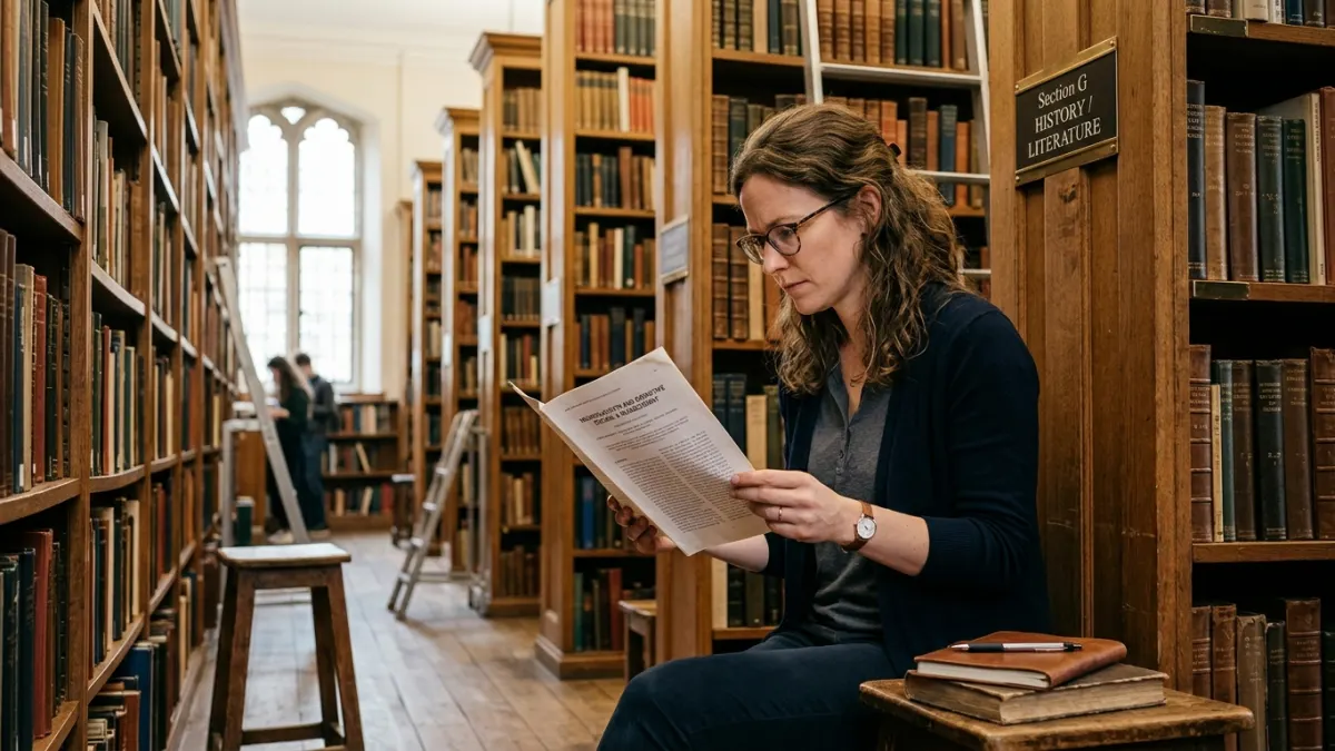 Academic researcher examines printed AI detection results while sitting between library bookshelves