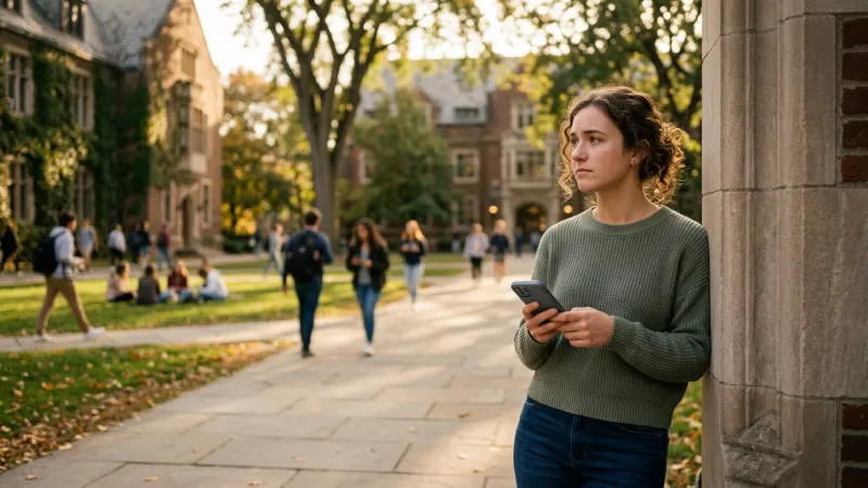 Student checks a phone on campus while learning how to check if text is AI generated.