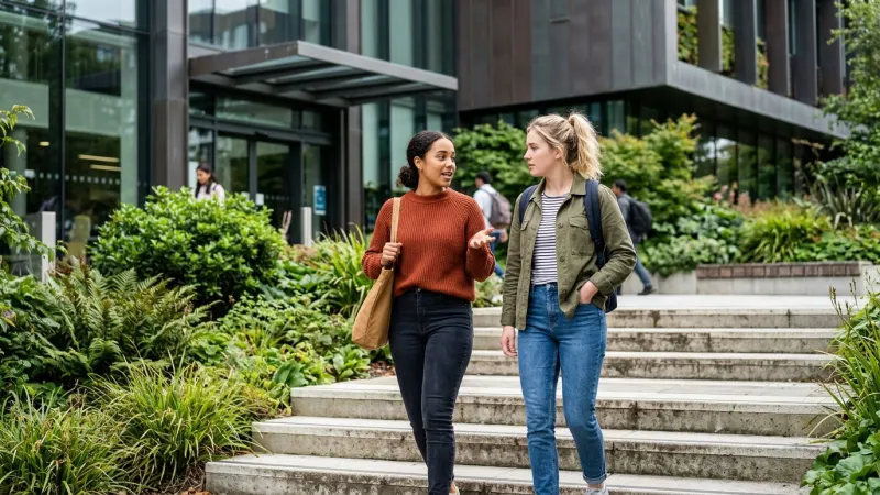 Students talk outside a library about how to check if text is AI generated.