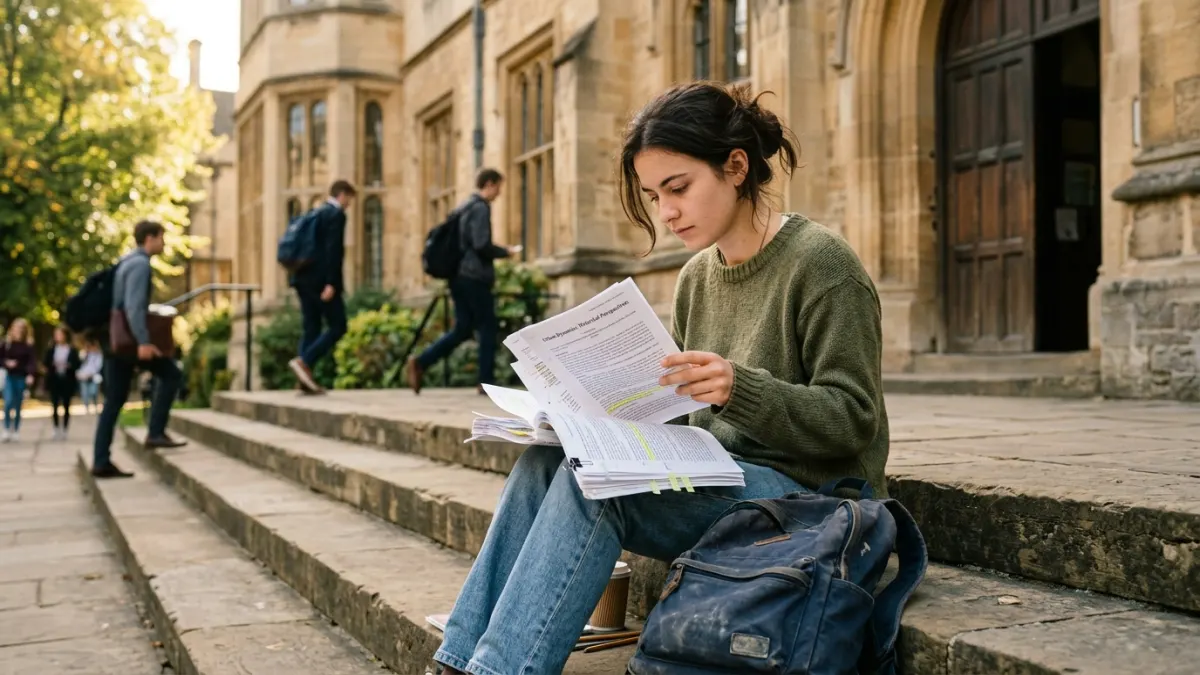Student on sunny library steps reading papers to learn how to check if text is ai generated