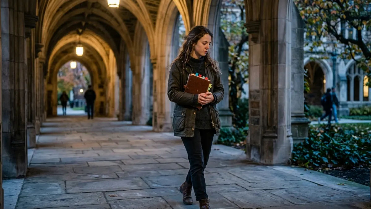 Writer walking through campus while planning how to remove AI detection revisions.
