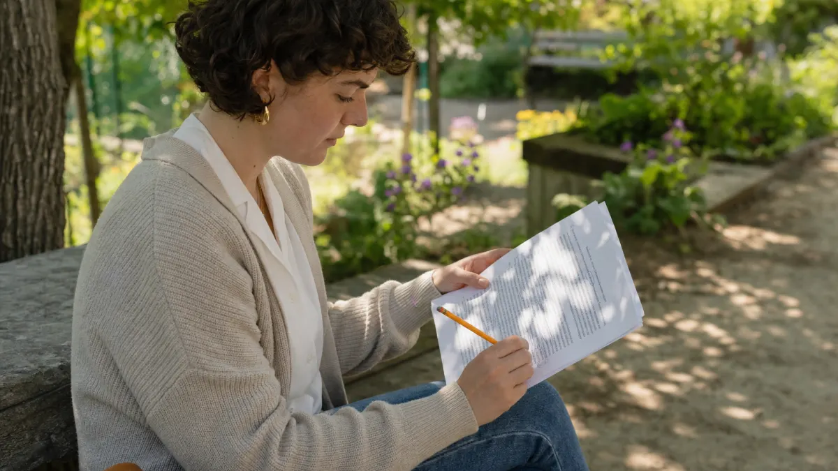 person working on laptop in garden setting writing AI content
