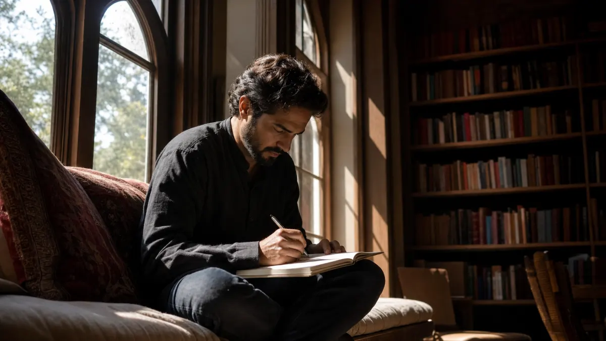Writer reading humanized AI content on a tablet in a bright library study area, demonstrating how to humanize AI content free online