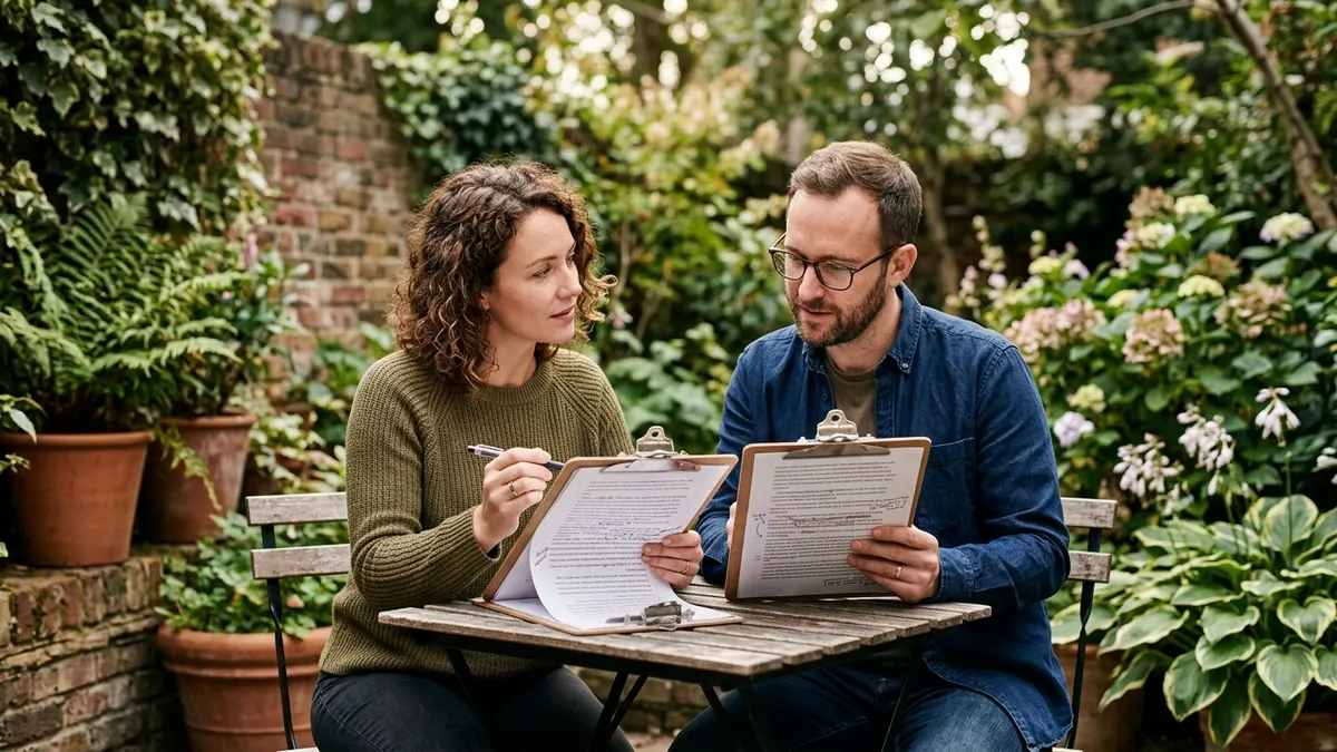 Two reviewers discuss printed draft pages in a garden courtyard during a writing pass