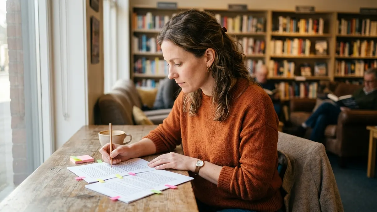 Person edits printed draft pages in a library lounge with colored tabs and pencil