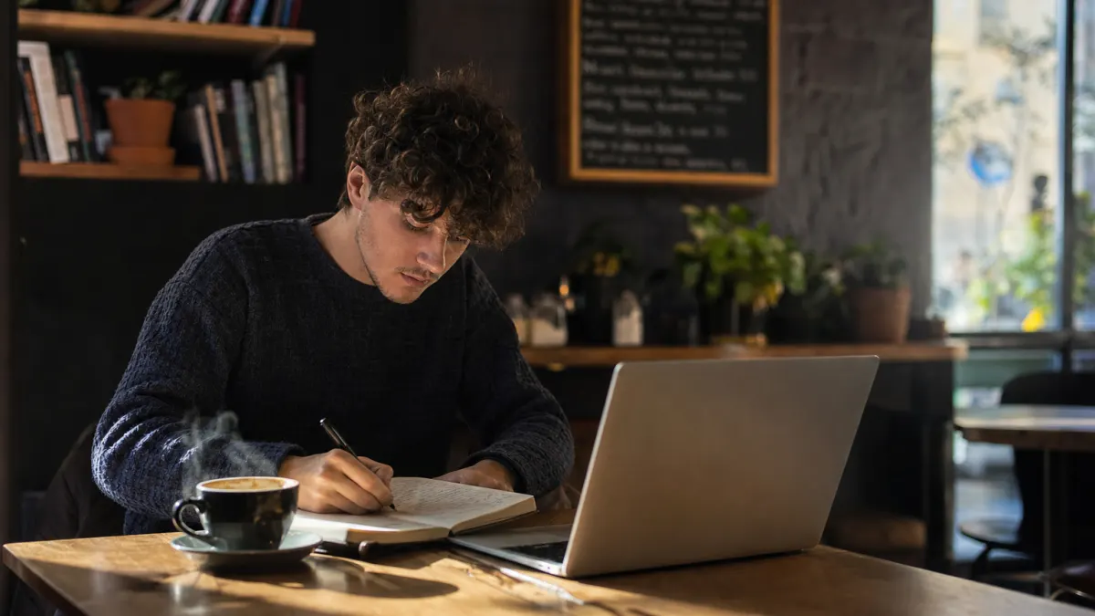 Writer working at a coffee shop table with an open laptop and handwritten notebook, developing content that needs to humanize AI text online