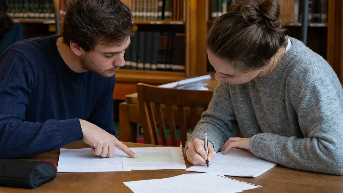 Two university students reviewing a printed academic paper at a library table, one pointing at a highlighted section while analyzing how to humanize AI text online