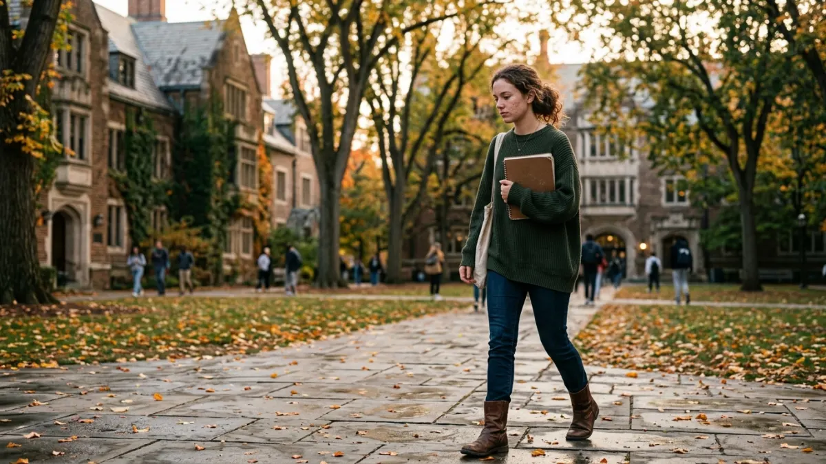 Originality AI review scene with a student walking through a campus courtyard after class