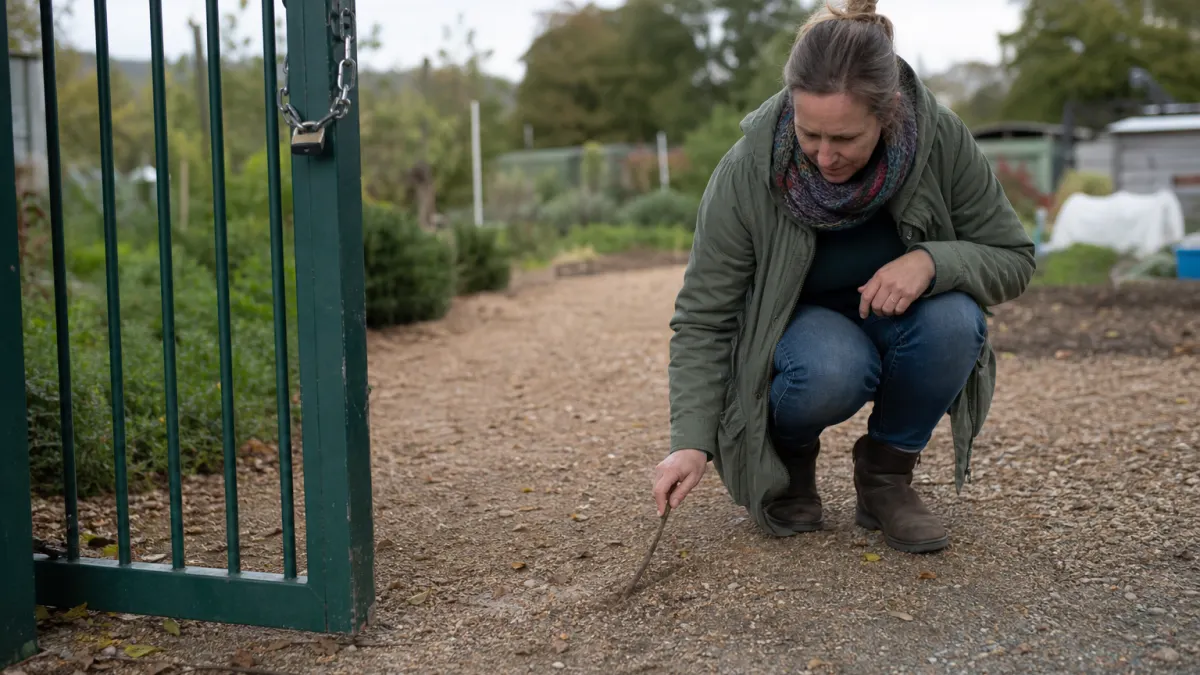 Volunteer traces a garden path beside a locked gate for robots txt generator planning.