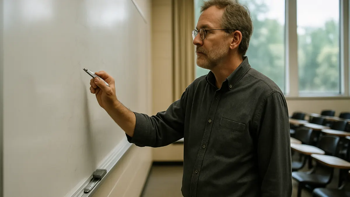 University professor pausing at a classroom whiteboard while teaching how SafeAssign checks submissions
