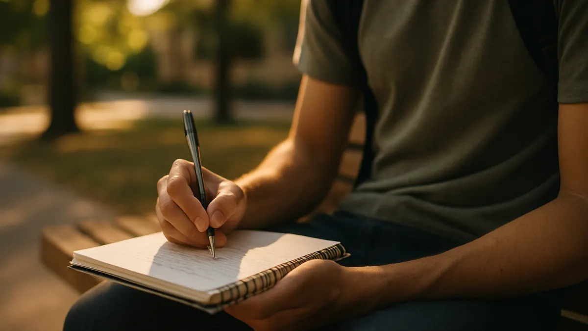 Student writing in a spiral notebook on a sunlit campus bench, golden afternoon light, does SafeAssign detect AI-generated writing
