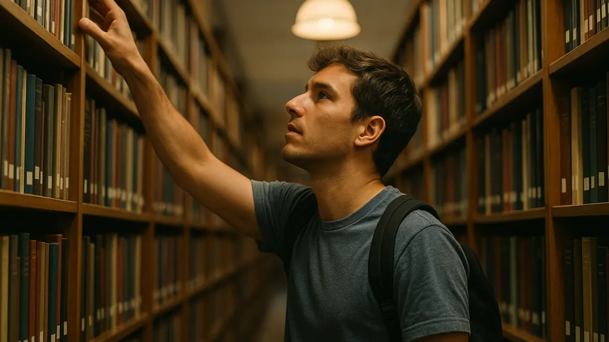 Student reaching for a book in university library stacks, researching SafeAssign requirements
