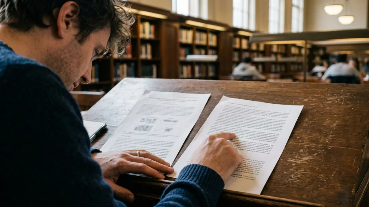 Man examines academic papers at a library reading desk, comparing notes on scribbr ai humanizer features.