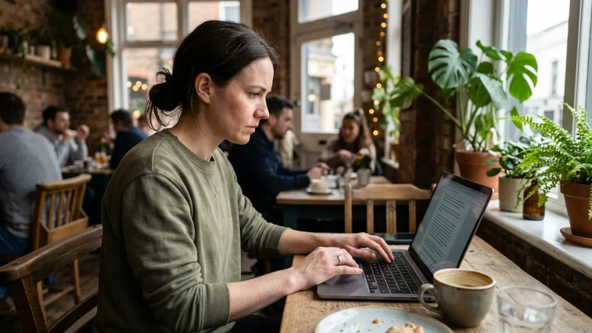 Woman researches ai writing tools on her laptop at a bright cafe, evaluating scribbr ai humanizer for her workflow.