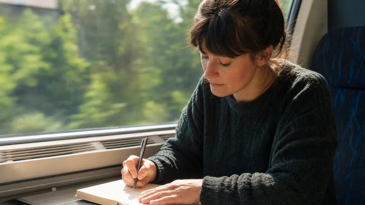 Freelance blogger journals on a commuter train, weighing ai humanizer tool choices by a window.