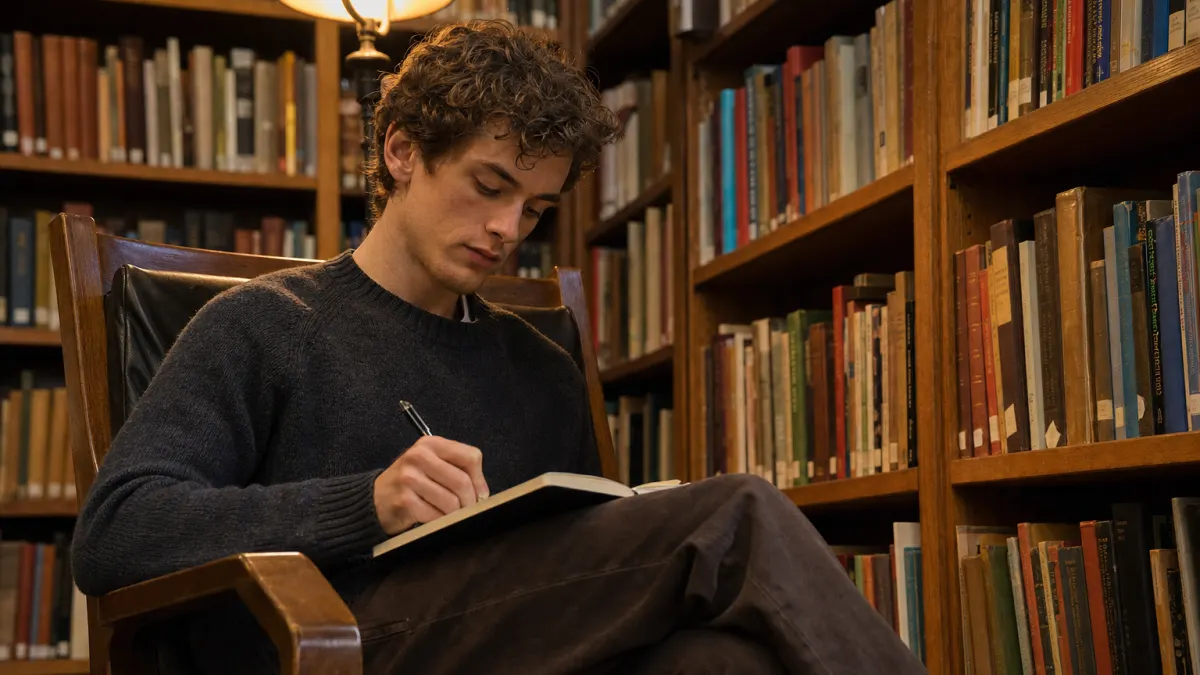 Young writer scribbles in a notebook in a quiet library nook, scribbr ai humanizer limitations in mind.
