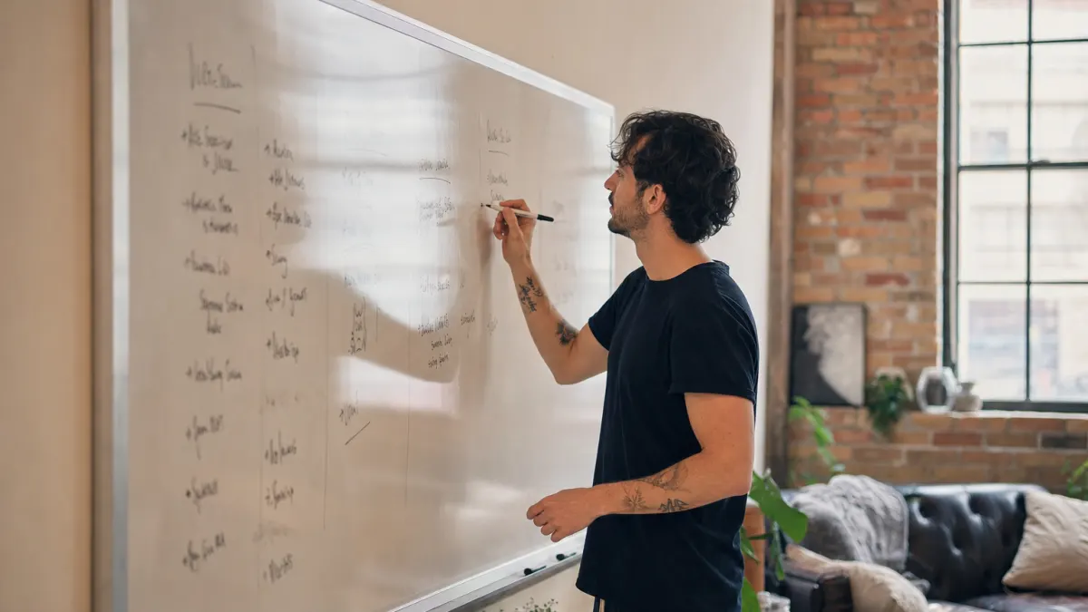 Content creator maps out an ai humanizer workflow on a whiteboard in a sunlit creative studio.