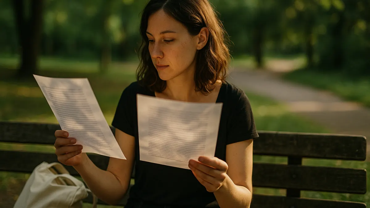 Writer holds two printed pages side-by-side outdoors on a park bench in late afternoon golden light.