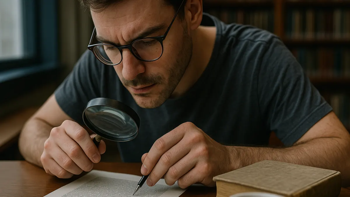 Writer studies a printed manuscript page with a magnifying glass and pen at a quiet library reading nook.
