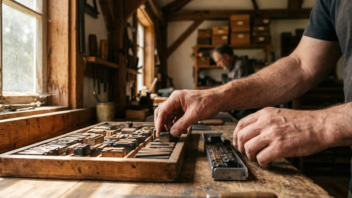 Text rewriter letterpress type blocks arranged in a sunlit rustic workshop