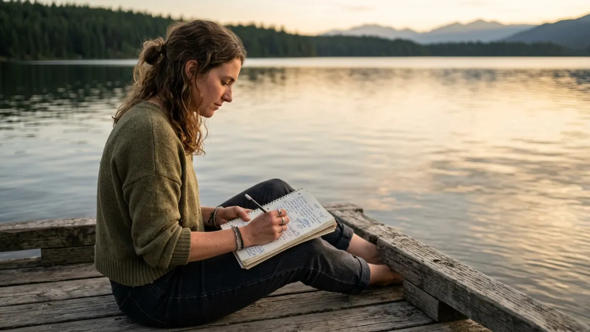 Text rewriter draft pages being revised on a dock beside a calm lake